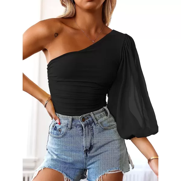 imageANRABESS Women Sexy One Shoulder Mesh Long Sleeve Ruched Bodysuit Leotard TopBlack