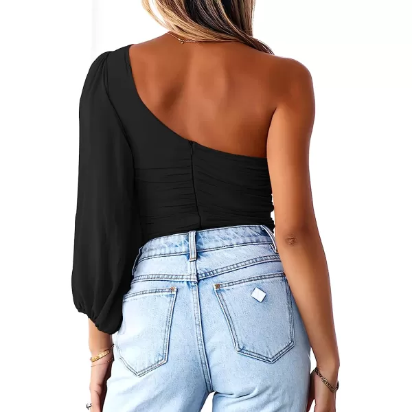 imageANRABESS Women Sexy One Shoulder Mesh Long Sleeve Ruched Bodysuit Leotard TopBlack