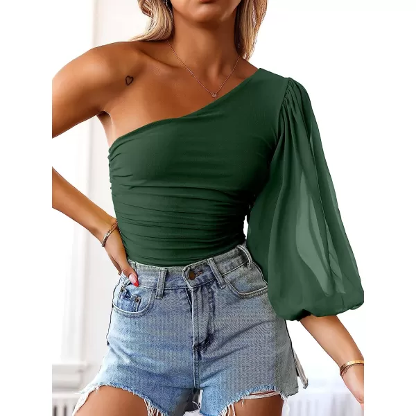 imageANRABESS Women Sexy One Shoulder Mesh Long Sleeve Ruched Bodysuit Leotard TopDeep Green
