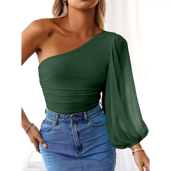 imageANRABESS Women Sexy One Shoulder Mesh Long Sleeve Ruched Bodysuit Leotard TopDeep Green