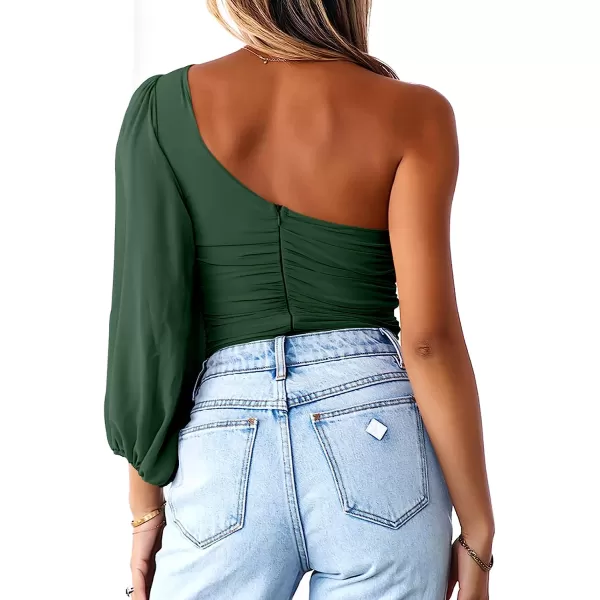 imageANRABESS Women Sexy One Shoulder Mesh Long Sleeve Ruched Bodysuit Leotard TopDeep Green