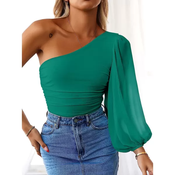 imageANRABESS Women Sexy One Shoulder Mesh Long Sleeve Ruched Bodysuit Leotard TopGrass