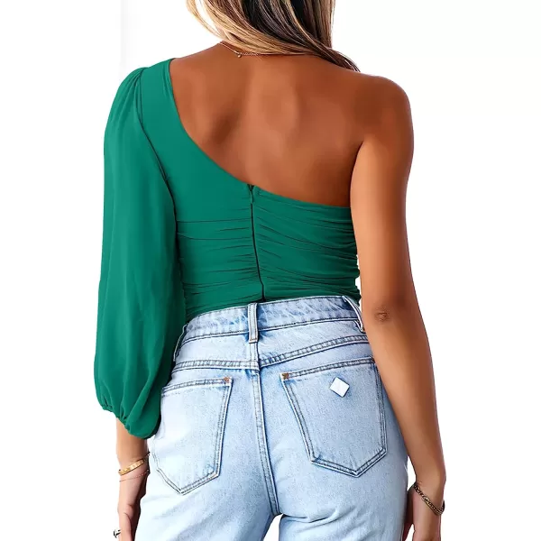 imageANRABESS Women Sexy One Shoulder Mesh Long Sleeve Ruched Bodysuit Leotard TopGrass