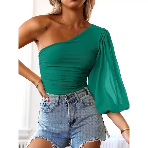 imageANRABESS Women Sexy One Shoulder Mesh Long Sleeve Ruched Bodysuit Leotard TopGrass