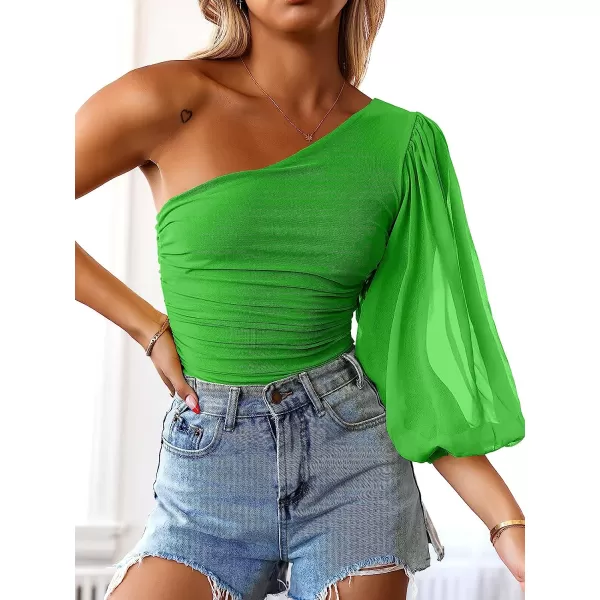 imageANRABESS Women Sexy One Shoulder Mesh Long Sleeve Ruched Bodysuit Leotard TopGreen