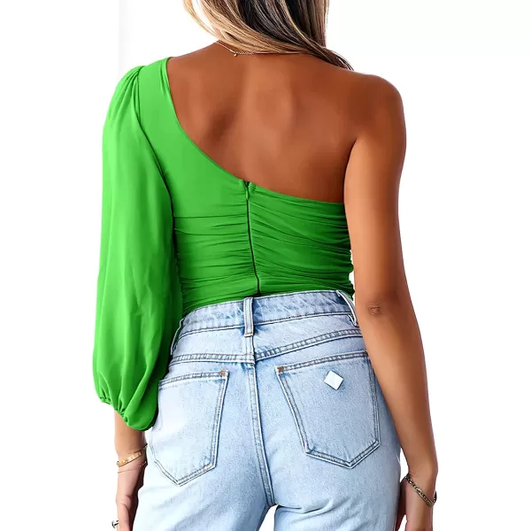 imageANRABESS Women Sexy One Shoulder Mesh Long Sleeve Ruched Bodysuit Leotard TopGreen