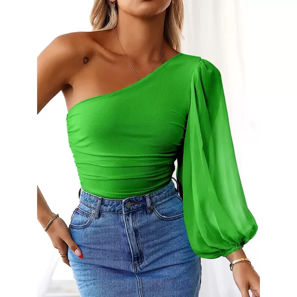 imageANRABESS Women Sexy One Shoulder Mesh Long Sleeve Ruched Bodysuit Leotard TopGreen