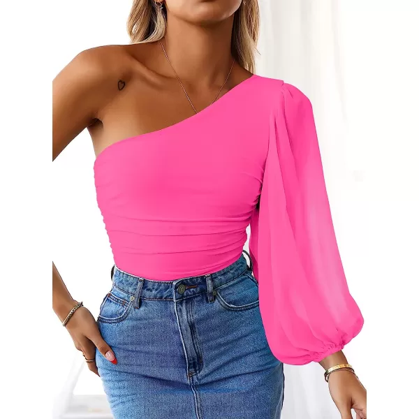 imageANRABESS Women Sexy One Shoulder Mesh Long Sleeve Ruched Bodysuit Leotard TopHot Pink