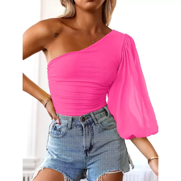 imageANRABESS Women Sexy One Shoulder Mesh Long Sleeve Ruched Bodysuit Leotard TopHot Pink