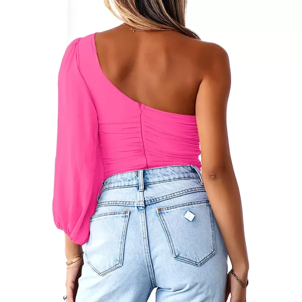 imageANRABESS Women Sexy One Shoulder Mesh Long Sleeve Ruched Bodysuit Leotard TopHot Pink