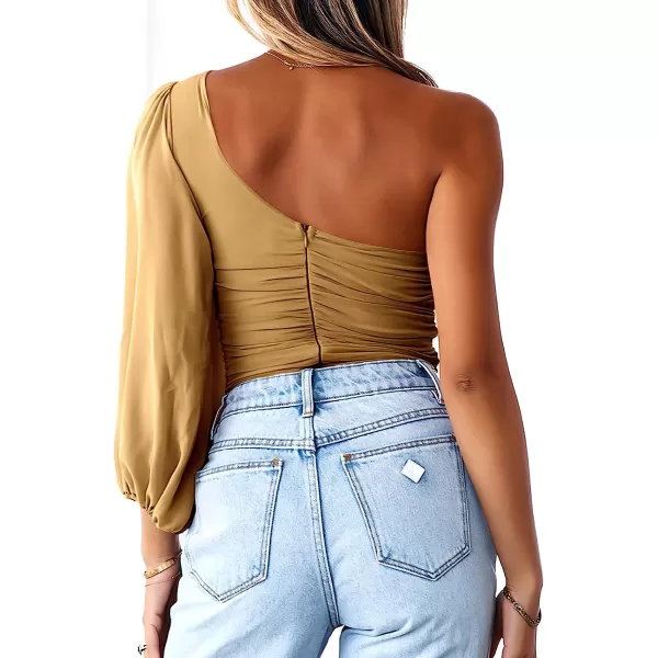 imageANRABESS Women Sexy One Shoulder Mesh Long Sleeve Ruched Bodysuit Leotard TopKhaki