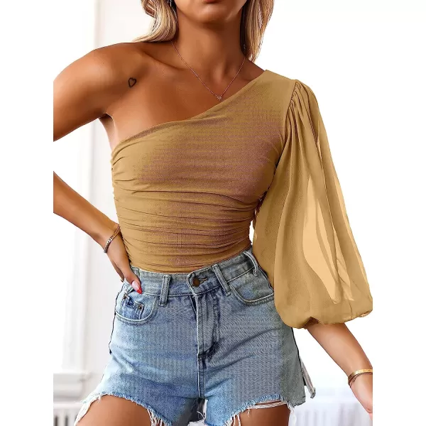imageANRABESS Women Sexy One Shoulder Mesh Long Sleeve Ruched Bodysuit Leotard TopKhaki