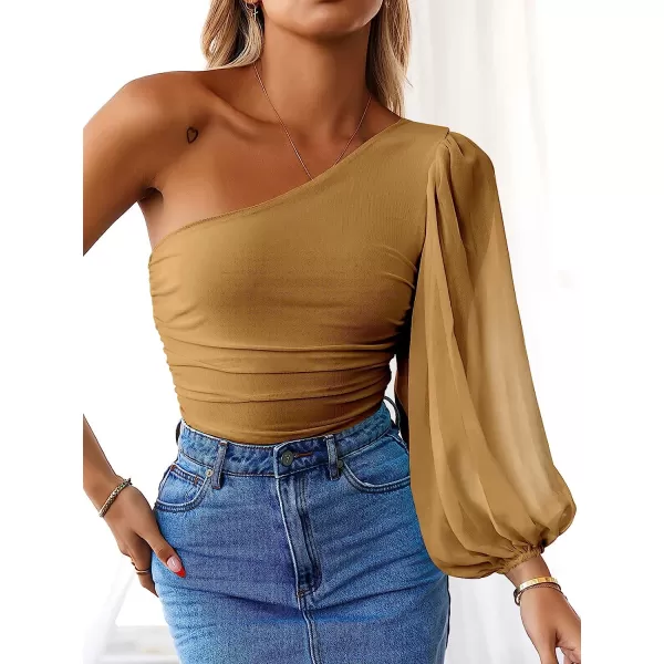 imageANRABESS Women Sexy One Shoulder Mesh Long Sleeve Ruched Bodysuit Leotard TopKhaki