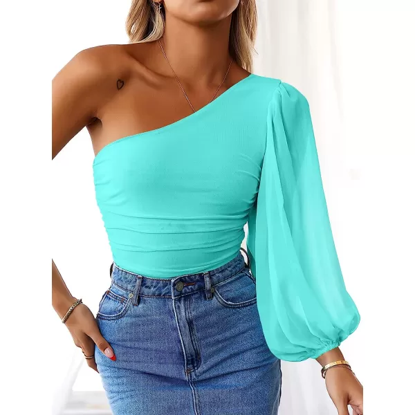 imageANRABESS Women Sexy One Shoulder Mesh Long Sleeve Ruched Bodysuit Leotard TopLake