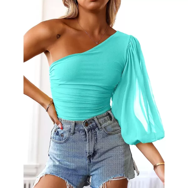 imageANRABESS Women Sexy One Shoulder Mesh Long Sleeve Ruched Bodysuit Leotard TopLake