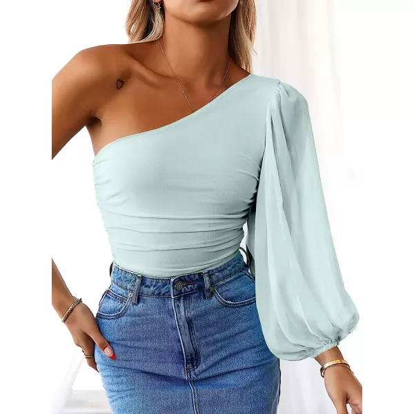 imageANRABESS Women Sexy One Shoulder Mesh Long Sleeve Ruched Bodysuit Leotard TopLight Green