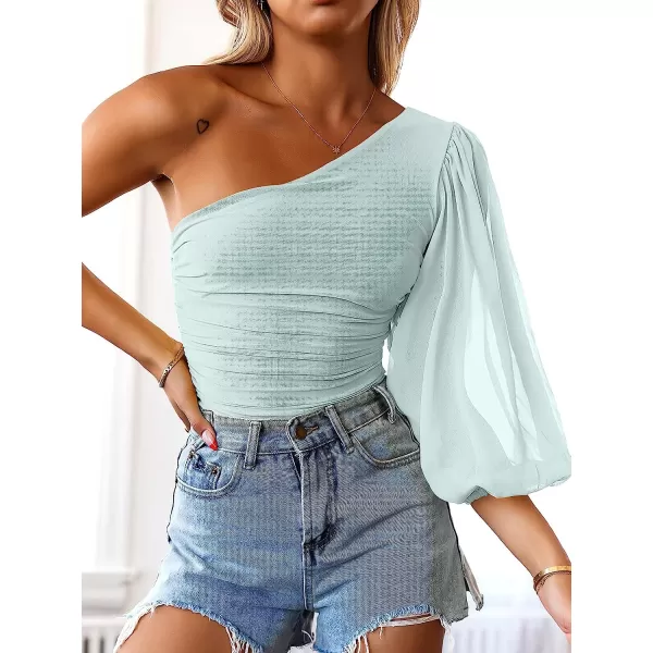 imageANRABESS Women Sexy One Shoulder Mesh Long Sleeve Ruched Bodysuit Leotard TopLight Green