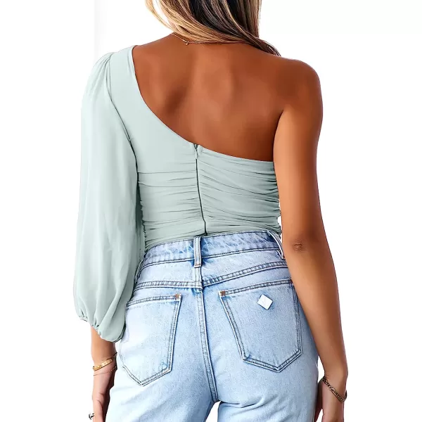 imageANRABESS Women Sexy One Shoulder Mesh Long Sleeve Ruched Bodysuit Leotard TopLight Green