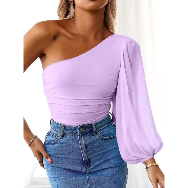 imageANRABESS Women Sexy One Shoulder Mesh Long Sleeve Ruched Bodysuit Leotard TopLight Purple