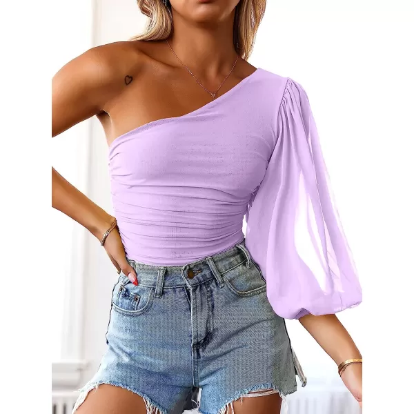imageANRABESS Women Sexy One Shoulder Mesh Long Sleeve Ruched Bodysuit Leotard TopLight Purple