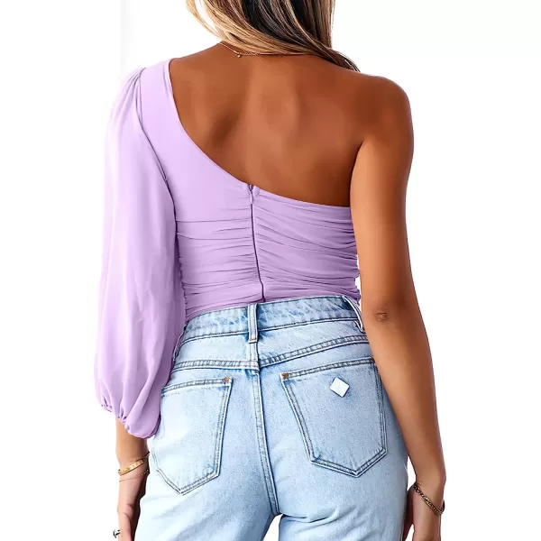 imageANRABESS Women Sexy One Shoulder Mesh Long Sleeve Ruched Bodysuit Leotard TopLight Purple