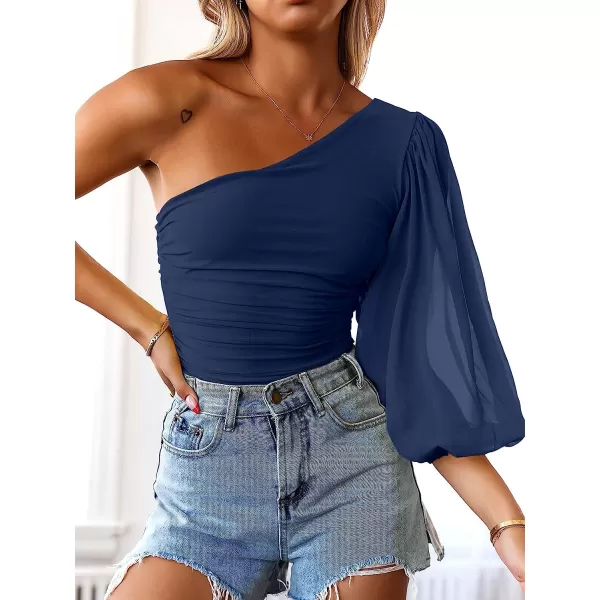 imageANRABESS Women Sexy One Shoulder Mesh Long Sleeve Ruched Bodysuit Leotard TopNavy Blue