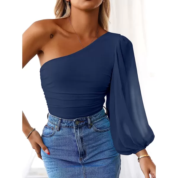 imageANRABESS Women Sexy One Shoulder Mesh Long Sleeve Ruched Bodysuit Leotard TopNavy Blue