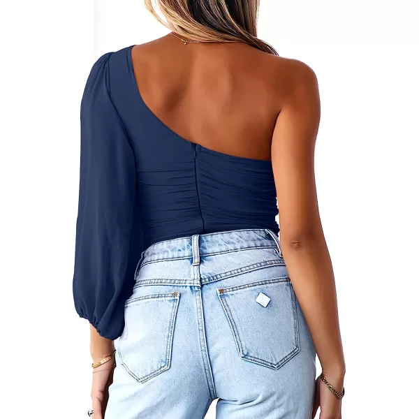 imageANRABESS Women Sexy One Shoulder Mesh Long Sleeve Ruched Bodysuit Leotard TopNavy Blue