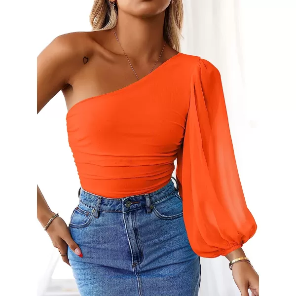 imageANRABESS Women Sexy One Shoulder Mesh Long Sleeve Ruched Bodysuit Leotard TopOrange