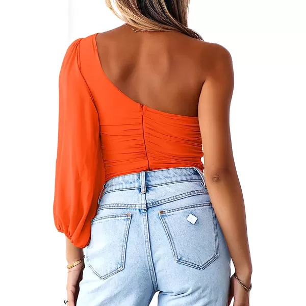 imageANRABESS Women Sexy One Shoulder Mesh Long Sleeve Ruched Bodysuit Leotard TopOrange