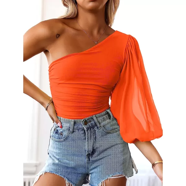 imageANRABESS Women Sexy One Shoulder Mesh Long Sleeve Ruched Bodysuit Leotard TopOrange