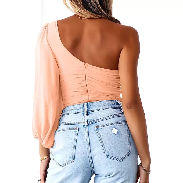 imageANRABESS Women Sexy One Shoulder Mesh Long Sleeve Ruched Bodysuit Leotard TopOrange Pink
