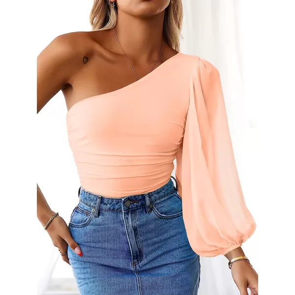 imageANRABESS Women Sexy One Shoulder Mesh Long Sleeve Ruched Bodysuit Leotard TopOrange Pink