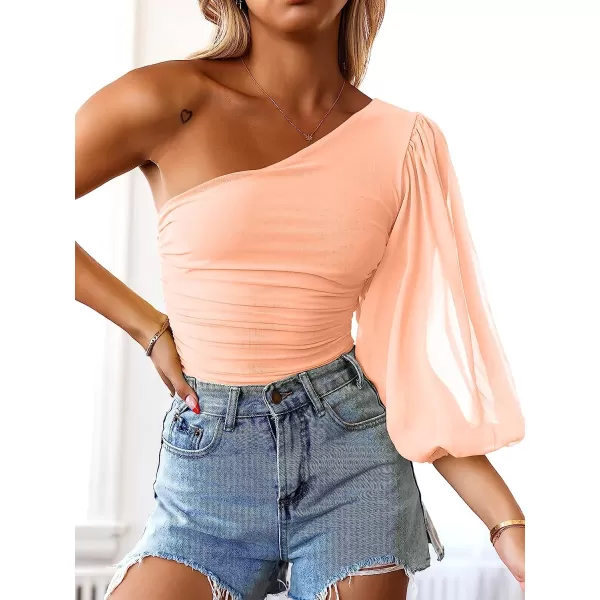 imageANRABESS Women Sexy One Shoulder Mesh Long Sleeve Ruched Bodysuit Leotard TopOrange Pink