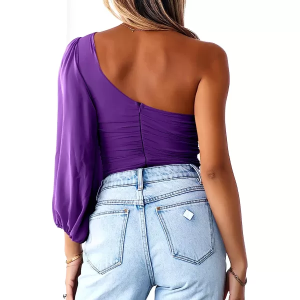 imageANRABESS Women Sexy One Shoulder Mesh Long Sleeve Ruched Bodysuit Leotard TopPurple