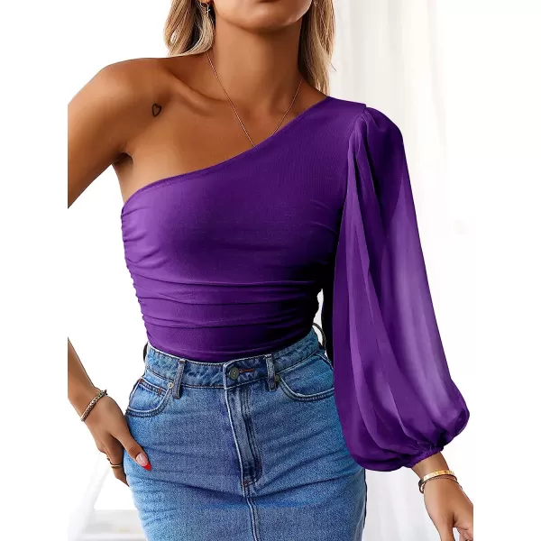 imageANRABESS Women Sexy One Shoulder Mesh Long Sleeve Ruched Bodysuit Leotard TopPurple