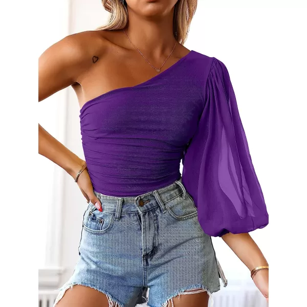 imageANRABESS Women Sexy One Shoulder Mesh Long Sleeve Ruched Bodysuit Leotard TopPurple