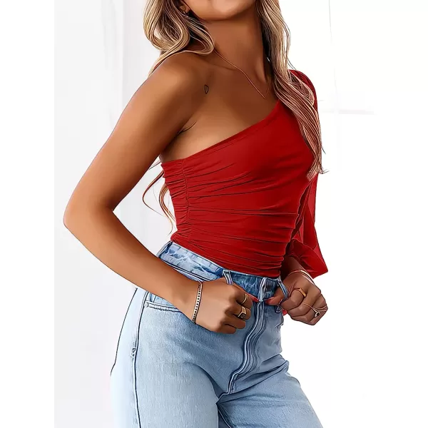 imageANRABESS Women Sexy One Shoulder Mesh Long Sleeve Ruched Bodysuit Leotard TopRed