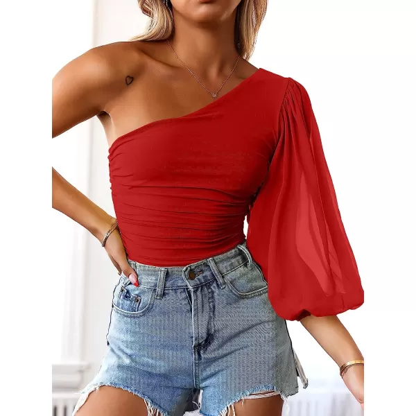imageANRABESS Women Sexy One Shoulder Mesh Long Sleeve Ruched Bodysuit Leotard TopRed