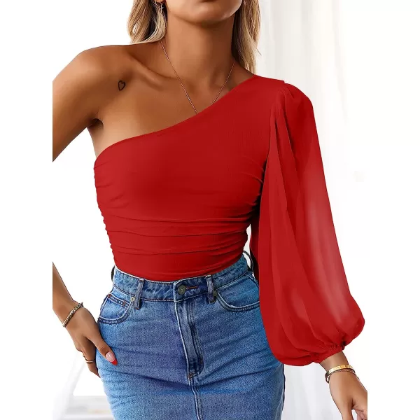 imageANRABESS Women Sexy One Shoulder Mesh Long Sleeve Ruched Bodysuit Leotard TopRed