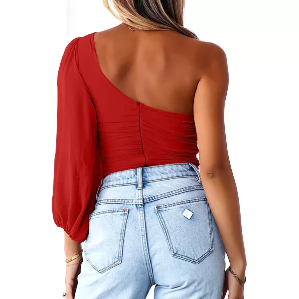 imageANRABESS Women Sexy One Shoulder Mesh Long Sleeve Ruched Bodysuit Leotard TopRed