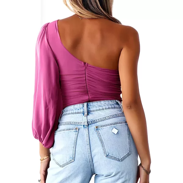 imageANRABESS Women Sexy One Shoulder Mesh Long Sleeve Ruched Bodysuit Leotard TopRose