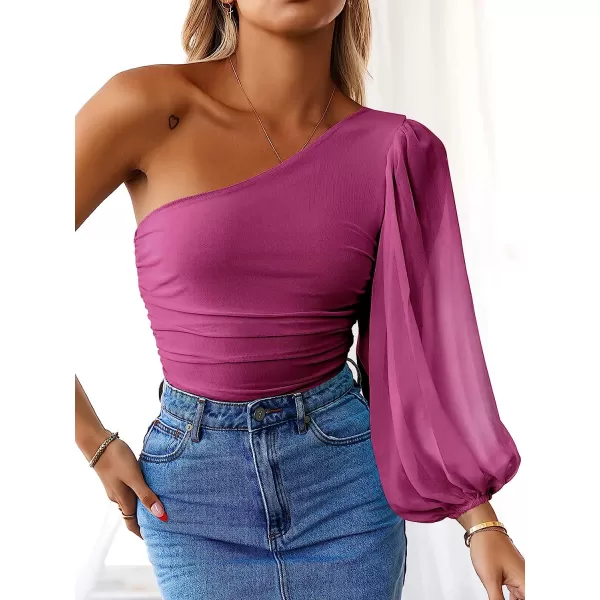 imageANRABESS Women Sexy One Shoulder Mesh Long Sleeve Ruched Bodysuit Leotard TopRose