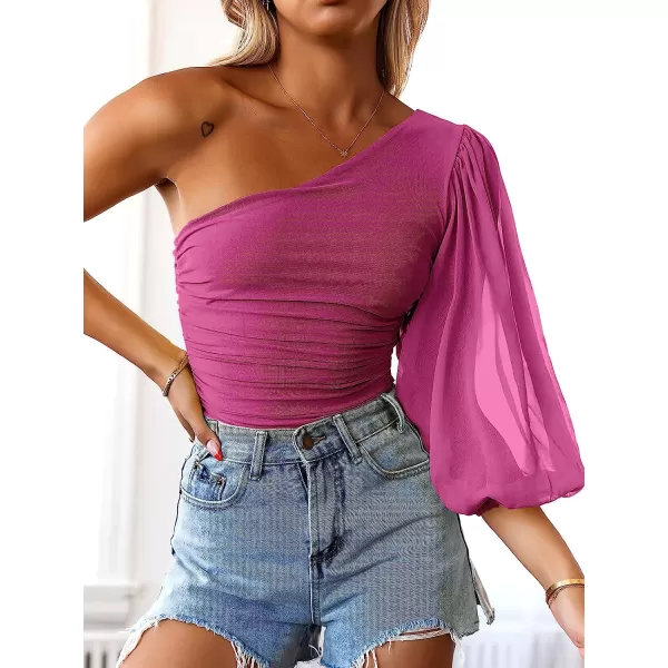 imageANRABESS Women Sexy One Shoulder Mesh Long Sleeve Ruched Bodysuit Leotard TopRose