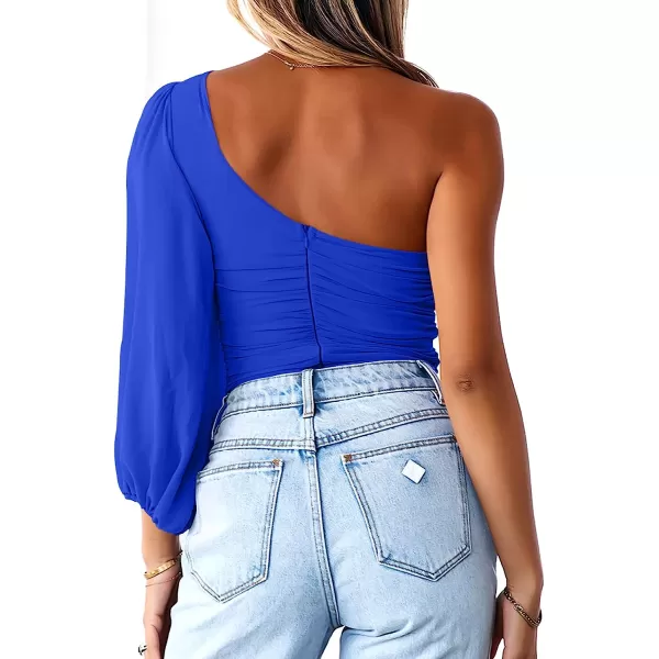 imageANRABESS Women Sexy One Shoulder Mesh Long Sleeve Ruched Bodysuit Leotard TopRoyal Blue
