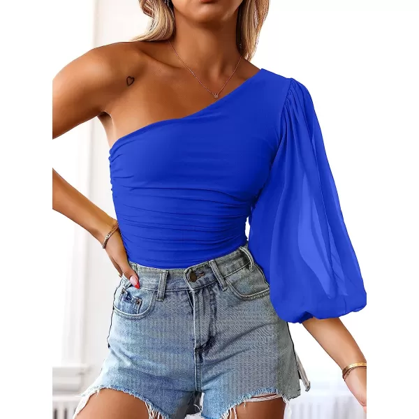 imageANRABESS Women Sexy One Shoulder Mesh Long Sleeve Ruched Bodysuit Leotard TopRoyal Blue