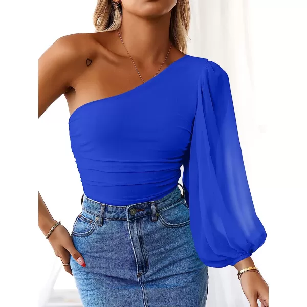 imageANRABESS Women Sexy One Shoulder Mesh Long Sleeve Ruched Bodysuit Leotard TopRoyal Blue