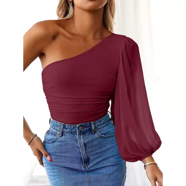imageANRABESS Women Sexy One Shoulder Mesh Long Sleeve Ruched Bodysuit Leotard TopWine Red