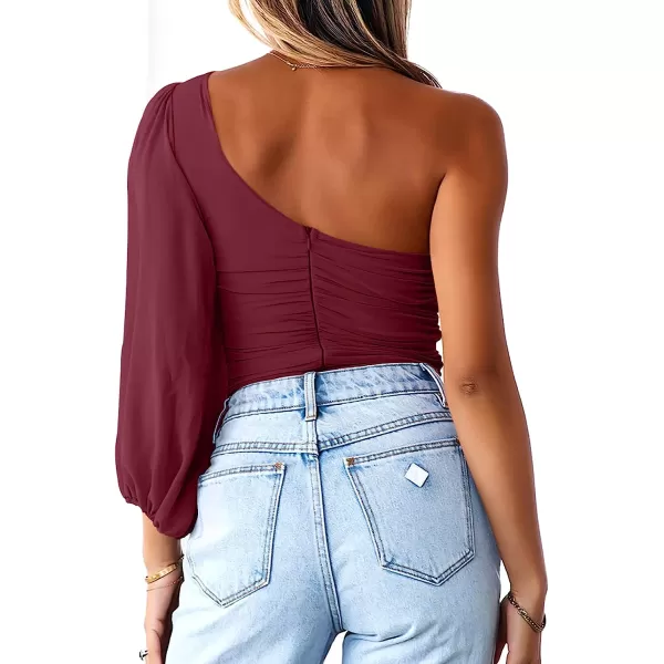 imageANRABESS Women Sexy One Shoulder Mesh Long Sleeve Ruched Bodysuit Leotard TopWine Red