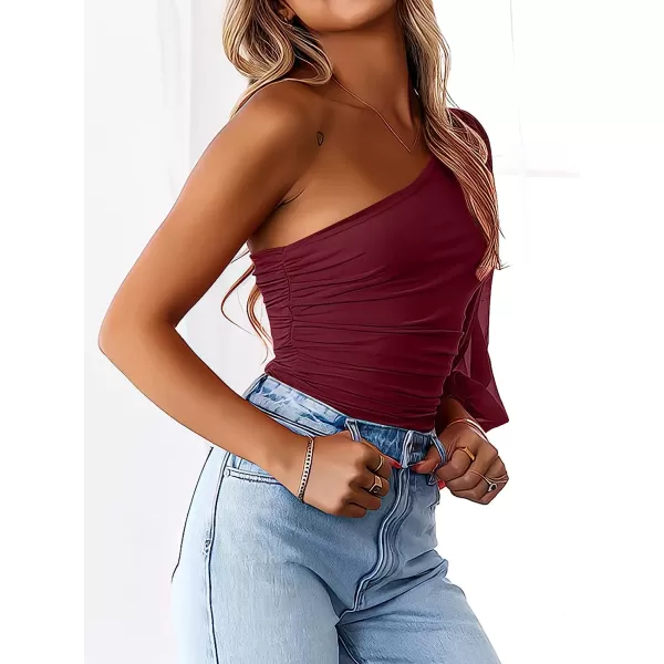imageANRABESS Women Sexy One Shoulder Mesh Long Sleeve Ruched Bodysuit Leotard TopWine Red